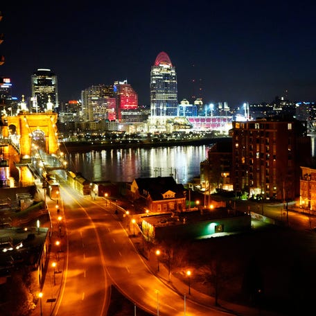 The city it lit up for Opening Day in Cincinnati, Thursday, March 30, 2023.