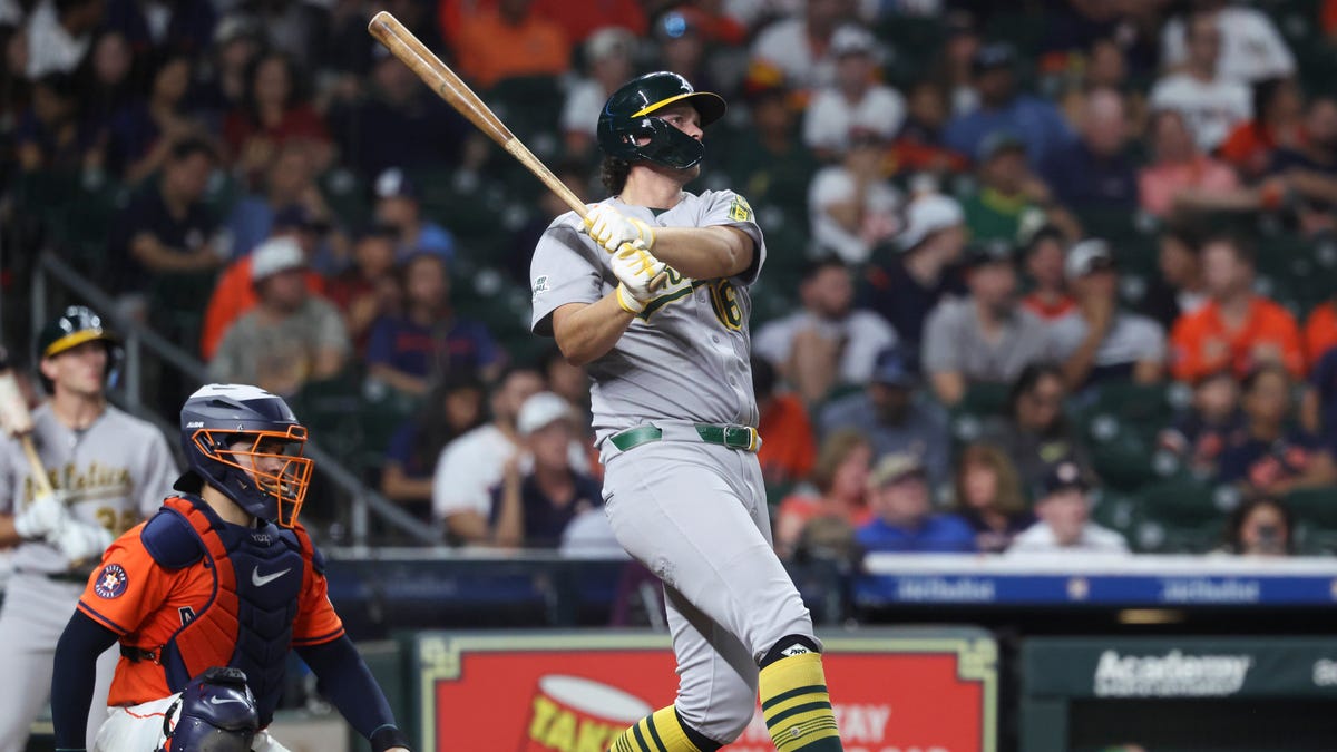 Athletics designated hitter Nick Kurtz hits his third of four home runs during the July 25, 2025 game against the Houston Astros.