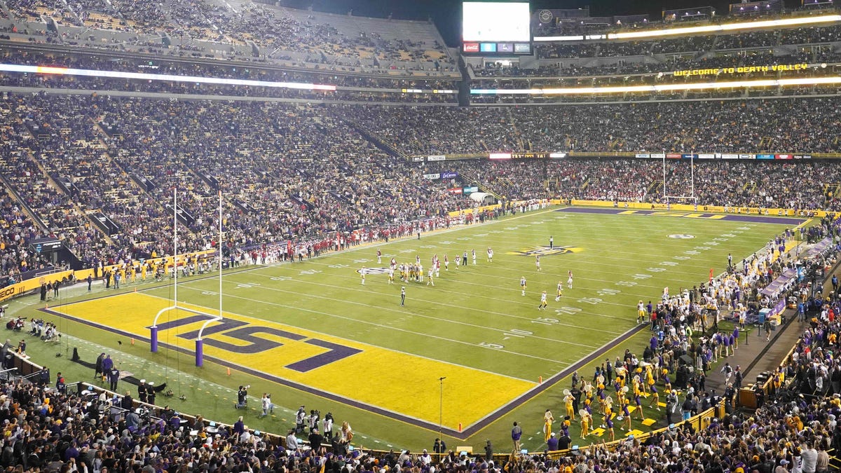 A general overall view of the opening kickoff of a game between Arkansas and LSU at Tiger Stadium.