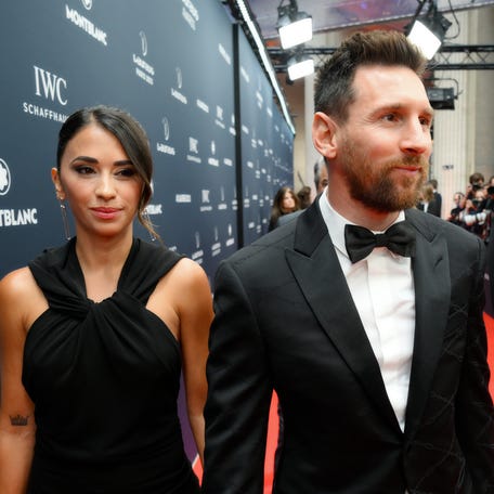 Lionel Messi and wife Antonella Roccuzzo arrives at the 2023 Laureus World Sport Awards Paris red carpet at Cour Vendome.