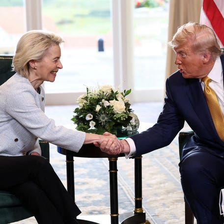 President Donald Trump shakes hands with European Commission President Ursula von der Leyen, after an announcement of a trade deal between the U.S. and EU, in Turnberry, Scotland, Britain, July 27, 2025.