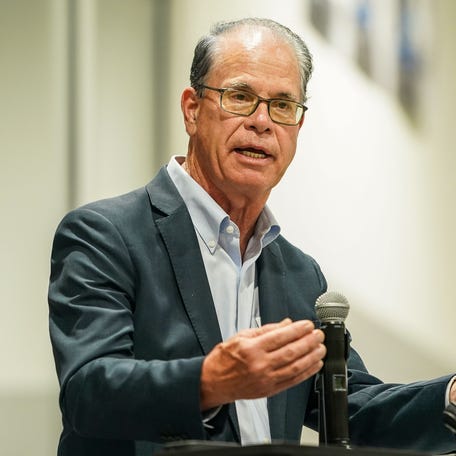 Gov. Mike Braun speaks to a crowd Tuesday, July 29, 2025, during a press conference at Kenworth of Indianapolis.