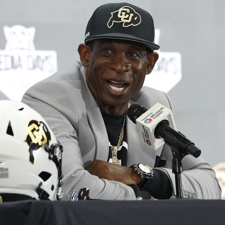 Colorado football coach Deion Sanders speaks with the media during the Big 12 Media Days at The Ford Center at The Star on July 9, 2025 in Frisco, Texas.