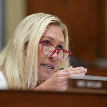 Rep. Marjorie Taylor Greene asks questions during Secret Service Director Kimberly Cheatleâ€™s congressional hearing on July 22, 2024.