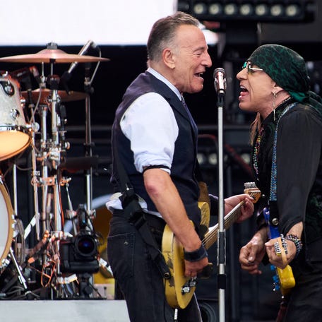 Bruce Springsteen (left), performs with Steven Van Zandt of The E Street Band during their 2024 World Tour in Odense, Denmark, on July 9, 2024.