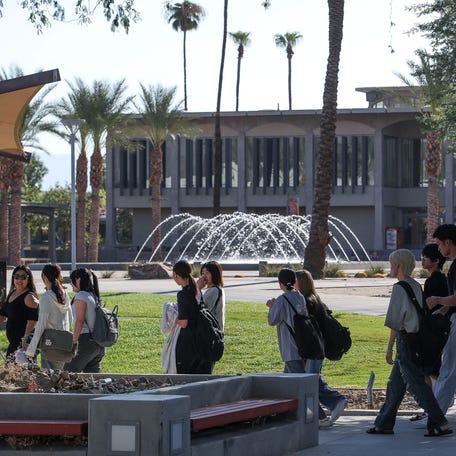 Students walk around college getting oriented in Palm Desert, California, on Aug. 26, 2024.