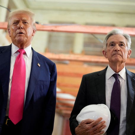President Donald Trump and Federal Reserve Chair Jerome Powell speak during a tour of the Federal Reserve Board building, which is currently undergoing renovations, in Washington, D.C. on July 24, 2025.