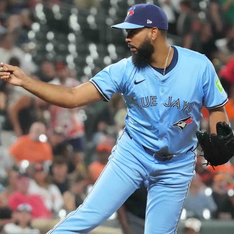 Toronto Blue Jays pitcher Seranthony Dominguez pitches during the seventh inning after being acquired from the Baltimore Orioles in the middle of the doubleheader at Oriole Park at Camden Yards on July 29, 2025.