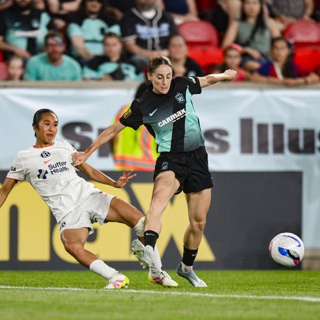 Bay FC defender Caprice Dydasco (3) and NJ/NY Gotham FC forward Esther González (9) compete for the ball during the second half at Sports Illustrated Stadium on Jun 21, 2025 in Harrison, New Jersey.