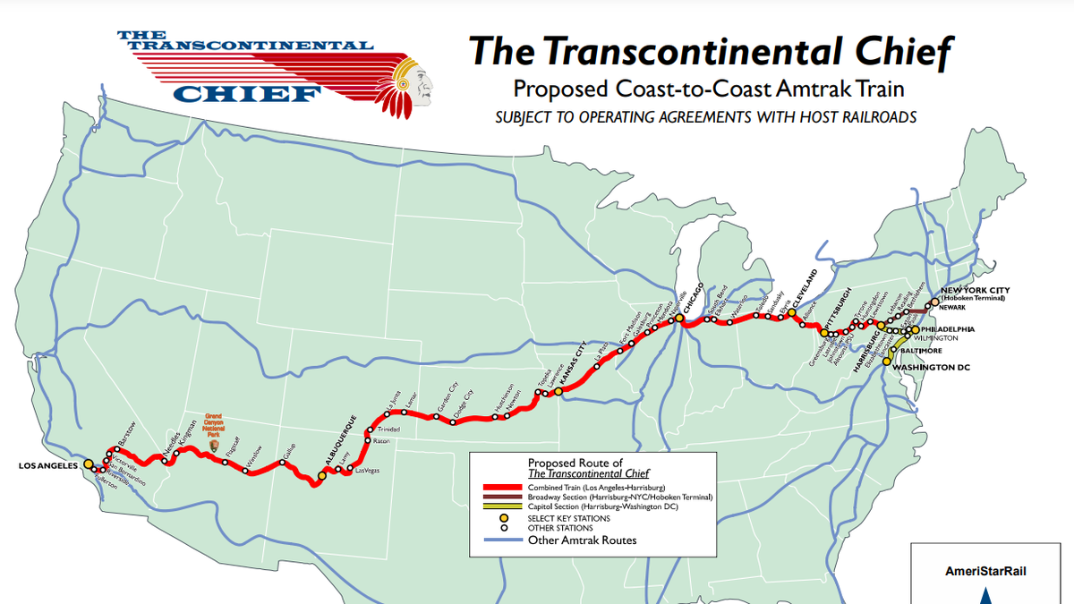 Delaware rail company AmeriStarRail is proposing building a new Amtrak route between Los Angeles to New York called the "Transcontinental Chief."
