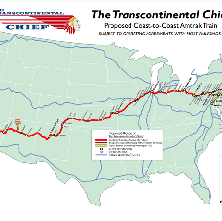 Delaware rail company AmeriStarRail is proposing building a new Amtrak route between Los Angeles to New York called the "Transcontinental Chief."