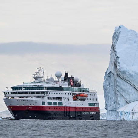 The MS Fram cruise ship sails at the Gerlache Strait, which separates the Palmer Archipelago from the Antarctic Peninsula, on January 20, 2024.