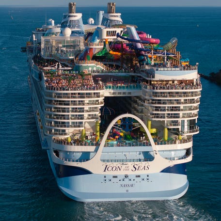 In an aerial view, Royal Caribbean's Icon of the Seas heads out to sea from PortMiami on Feb. 03, 2024.