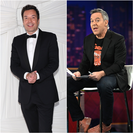 Jimmy Fallon attends the Clooney Foundation for Justice's The Albies at New York Public Library on Sept. 26, 2024. / Greg Gutfeld speaks during 2022 FOX Nation Patriot Awards at Seminole Hard Rock Hotel & Casino in Hollywood, Florida on November 17, 2022.