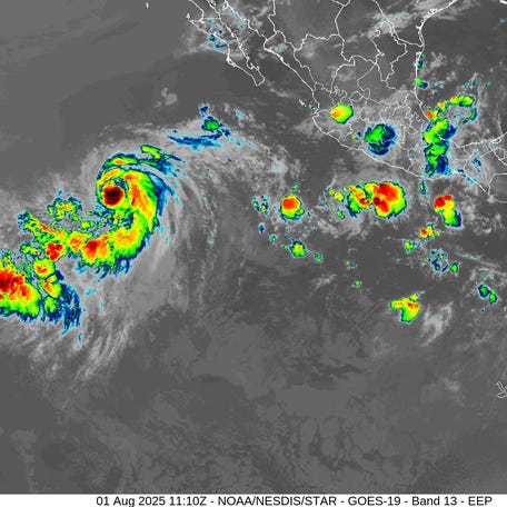 Satellite imagery shows Tropical Storm Gil brewing in the Pacific Ocean on Friday, Aug. 1, 2025. The storm is expected to strengthen into a hurricane.