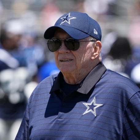 Jul 27, 2025; Oxnard, CA, USA; Dallas Cowboys owner Jerry Jones at training camp at the River Ridge Fields.