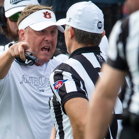 Auburn Tigers head coach Hugh Freeze argues a call with the officials as Auburn Tigers take on Vanderbilt Commodores at Jordan-Hare Stadium in Auburn, Ala., on Saturday, Nov. 2, 2024. Vanderbilt Commodores defeated Auburn Tigers 17-7.