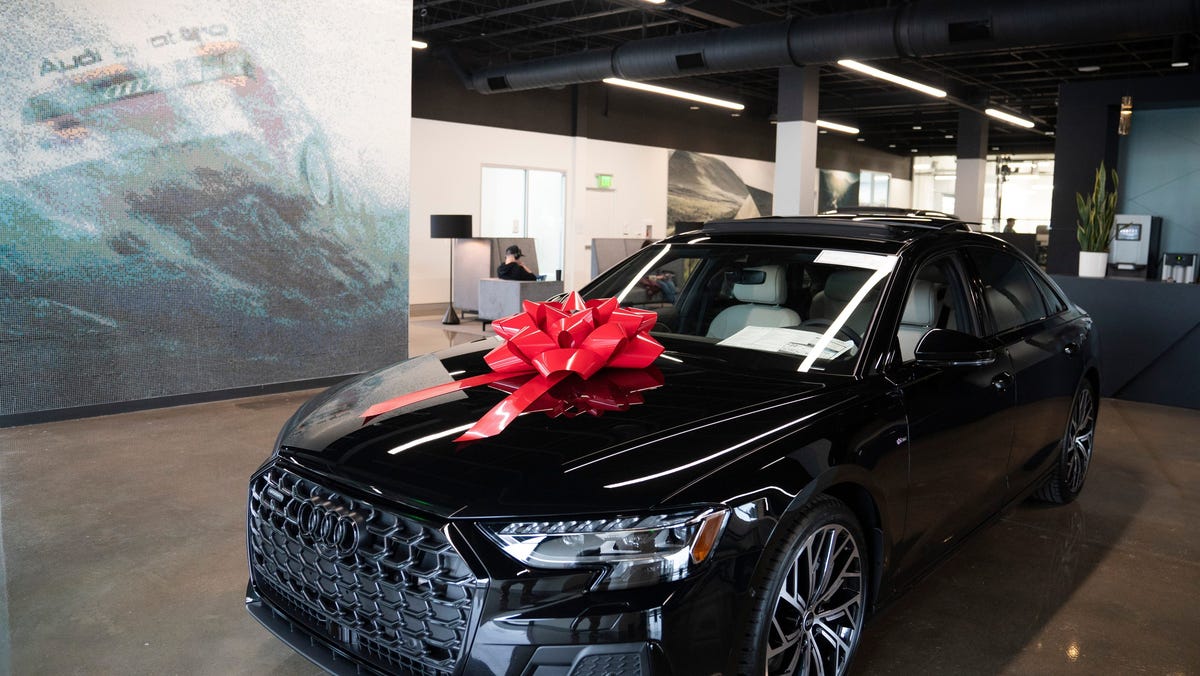 A new Audi sedan rests in the showroom at the Audi Downtown Nashville auto dealership Tuesday, March 14, 2023, in Nashville, Tenn.    Nas Audi Of Nashville