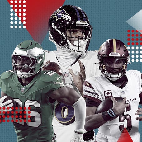 Left to right: Eagles RB Saquon Barkley, Ravens QB Lamar Jackson and Commanders QB Jayden Daniels