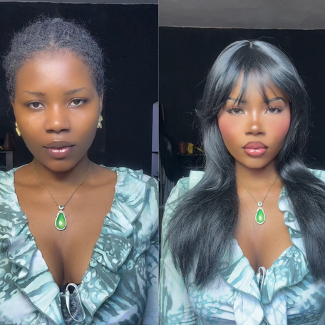 Marylyn Chukwuekezie, a beauty content creator based in Nigeria, has recreated celebrity makeup looks (left) and turned herself into an "LA 10" (right) using wigs, contour, blush and eye makeup.