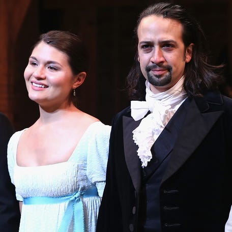 Leslie Odom; Jr., left, Phillipa Soo, Lin-Manuel Miranda and Christopher Jackson attend the Broadway opening night of "Hamilton" on Aug. 6, 2015, in New York.