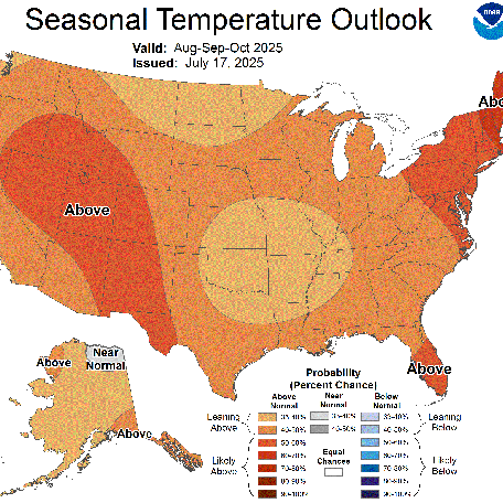 The forecast for August-October shows warmer-than-average temperatures are likely across most of the U.S.