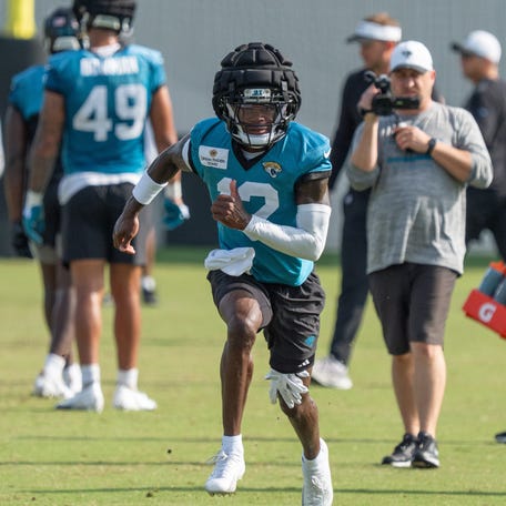 Jacksonville Jaguars wide receiver Travis Hunter (12) sprints while running a route during the Jaguarâ€™s 12th NFL training camp session at the Miller Electric Center, Thursday, Aug. 7, 2025, in Jacksonville, Fla. [Doug Engle/Florida Times-Union]