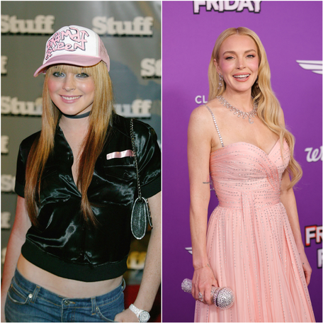 Lindsay Lohan at Stuff Magazine's Pre-VMA Party at Show in New York City on Aug. 27, 2003 / Lindsay Lohan at the "Freakier Friday" premiere in Los Angeles on July 22, 2025