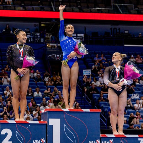 Aug 10, 2025; New Orleans, LA, USA; Paris Olympian Hezly Rivera wins the women's all-around title at the 2025 Xfinity U.S. Gymnastics Championships at Smoothie King Center. Mandatory Credit: Stephen Lew-Imagn Images