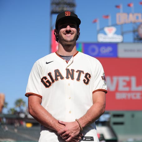 Bryce Eldridge, the San Francisco Giants first-round pick in the 2023 draft, poses at Oracle Park in San Francisco on July 26, 2023.
