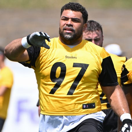 Pittsburgh Steelers defensive tackle Cameron Heyward (97) participates in drills during training camp at Saint Vincent College.