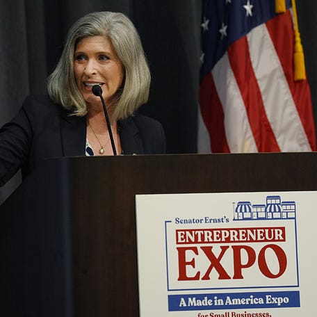U.S. Senator Joni Ernst speaks before a panel discussion at the Small Business Expo at Iowa State University's Memorial Union Building on August 12, 2025, in Ames, Iowa.