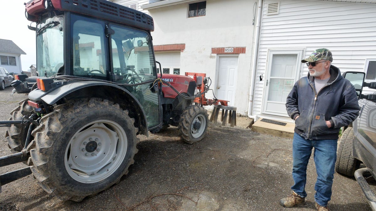 Sixth-generation farmer Roger Schultz talks about the negative effects tariffs will have on his operation in North East, Pennsylvania, on April 4, 2025. The Schultz Farm sells apples to a food bank and supplies local school districts, which are now losing funding.