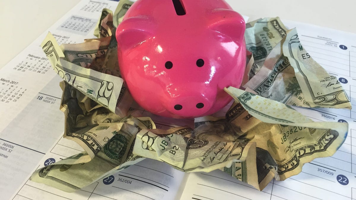 Pictured is a piggy bank with cash.