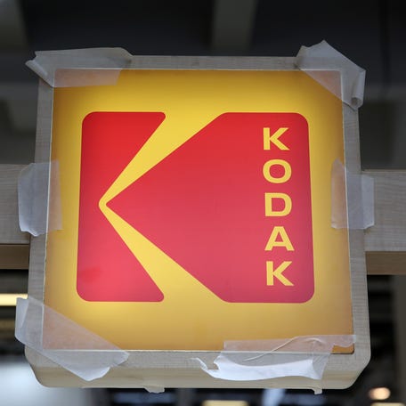 A Kodak sign hang during a press preview at the IFA consumer electronics trade fair on September 01, 2022 in Berlin, Germany.