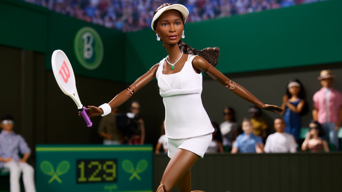 The Venus Williams doll wears the uniform from her 2007 Wimbledon win, marking the win that made her a five-time champion and the first woman in tennis to  earn equal prize money at a top-level tournament.