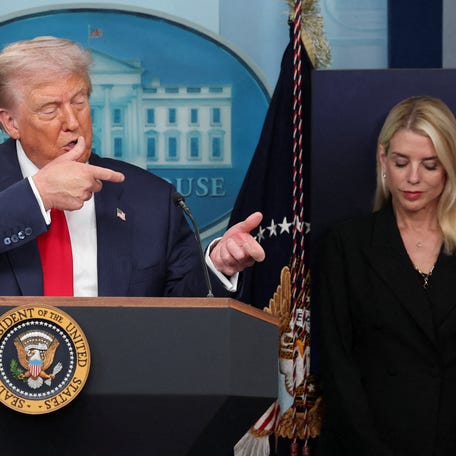 President Donald Trump gestures as he speaks about Javelin anti-tank missiles next to Defense Secretary Pete Hegseth and Attorney General Pam Bondi during a press conference about deploying federal law enforcement agents in Washington to bolster the local police presence, in the Press Briefing Room at the White House, in Washington D.C., on Aug. 11, 2025.