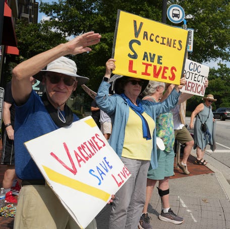 Protesters rally outside the Centers for Disease Control and Prevention in Atlanta on June 25, 2025, while the CDC's Advisory Committee on Immunization Practices convenes with all new members appointed by Health and Human Services Secretary Robert F. Kennedy.