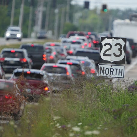 Traffic backs up along US Rt. 23 near the Orange Township pedestrian bridge on August 11, 2025. Parallel to a new interstate highway feasibility study, the Gov. Mike DeWine administration has been pushing for massive improvements to U.S. 23 from Worthington to Waldo. In 2024, DeWine unveiled plans to remove 33 of 39 traffic lights, install overpasses and add interchanges along the 23-mile stretch in an attempt to improve traffic and improve safety.