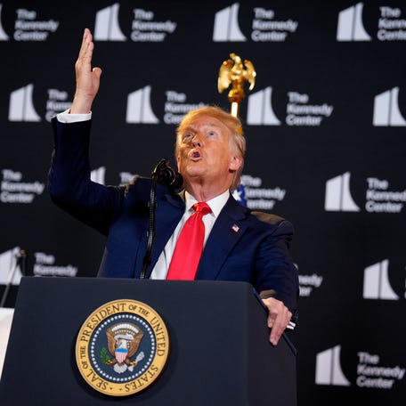 President Donald Trump gestures while speaking at an event at the Kennedy Center on August 13, 2025 in Washington, DC.
