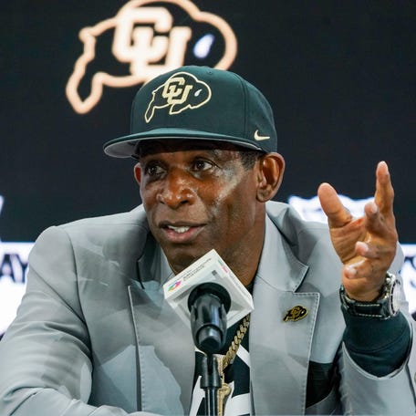 Colorado head coach Deion Sanders speaks with the media during 2025 Big 12 Football Media Days at The Star.