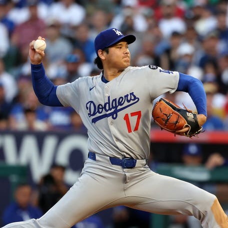 Los Angeles Dodgers two-way player Shohei Ohtani (17) pitches during the second inning against the Los Angeles Angels at Angel Stadium in Anaheim, California, on August 13, 2025.