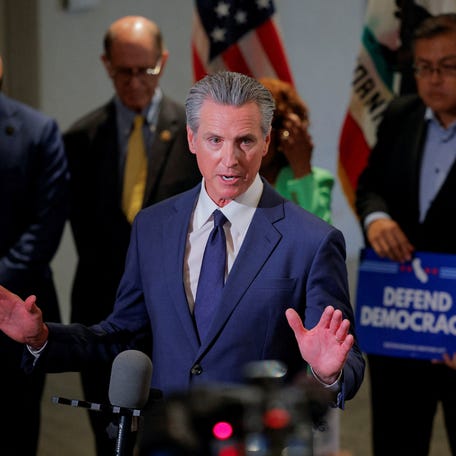 California Governor Gavin Newsom speaks to the press following an announcement of the redrawing of California's congressional maps, calling on voters to approve a ballot measure, in response to a similar move in Texas being supported by U.S. President Donald Trump, in Los Angeles, California, U.S., August 14, 2025. REUTERS/Mike Blake