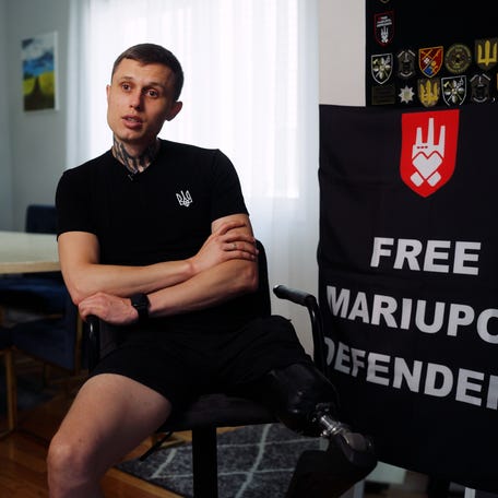 Yurii Saiko, a former Ukrainian marine, undergoes rehab after receiving a prosthetic leg at the Staten Island University Hospital in New York.