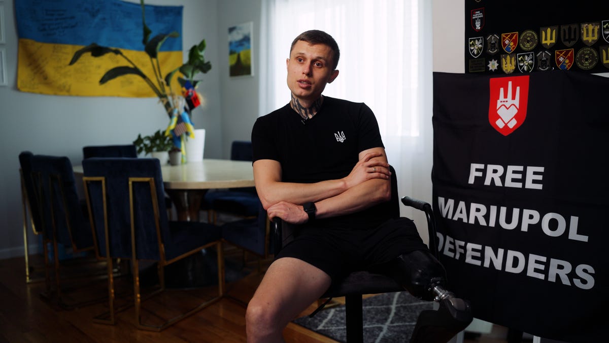 Yurii Saiko, a former Ukrainian marine, undergoes rehab after receiving a prosthetic leg at the Staten Island University Hospital in New York.