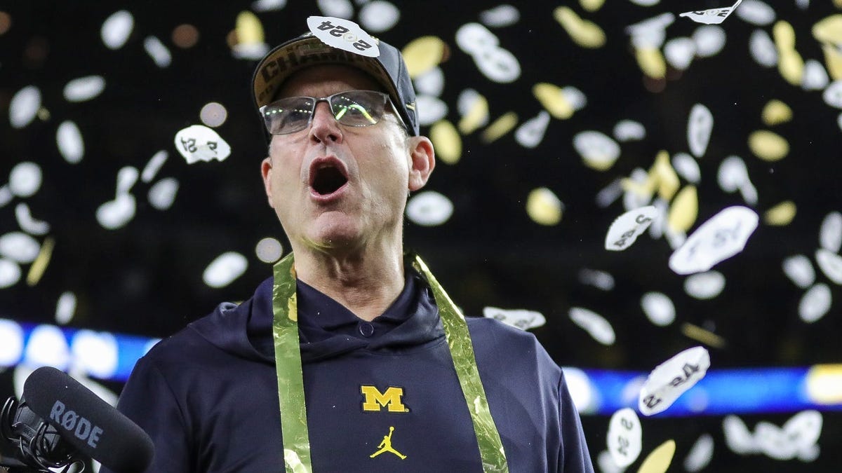 Michigan head coach Jim Harbaugh after winning the national championship Jan. 8, 2024 in Houston.