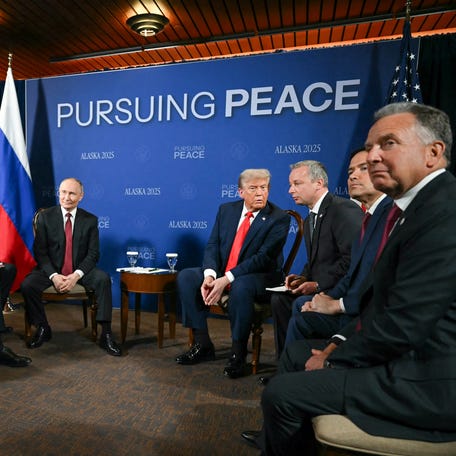 President Donald Trump and Russian President Vladimir Putin meet during a US-Russia summit on Ukraine at Joint Base Elmendorf-Richardson in Anchorage, Alaska, on August 15, 2025.