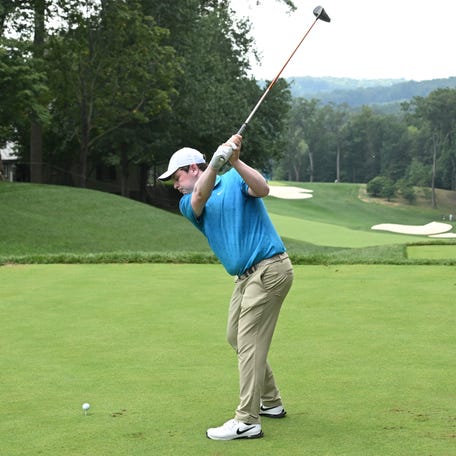 Robert MacIntyre tees off on the 10th hole during the second round of the BMW Championship in Owings Mills, Maryland on Aug. 15, 2025.
