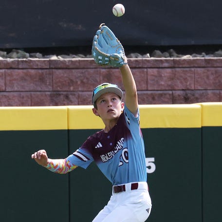 Braintree, Massachusetts center fielder Henry Kuka makes the catch during a game at the Little League Baseball World Series on Aug. 13, 2025.