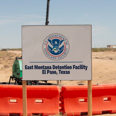 A sign marks the entrance to the new East Montana ICE detention facility on Fort Bliss in El Paso, Texas.